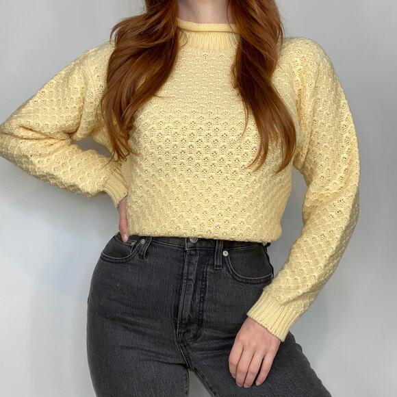 Vintage 90s Karen Scott Size Large Pastel Yellow Texturized Mockneck Sweater - Picture 1 of 11